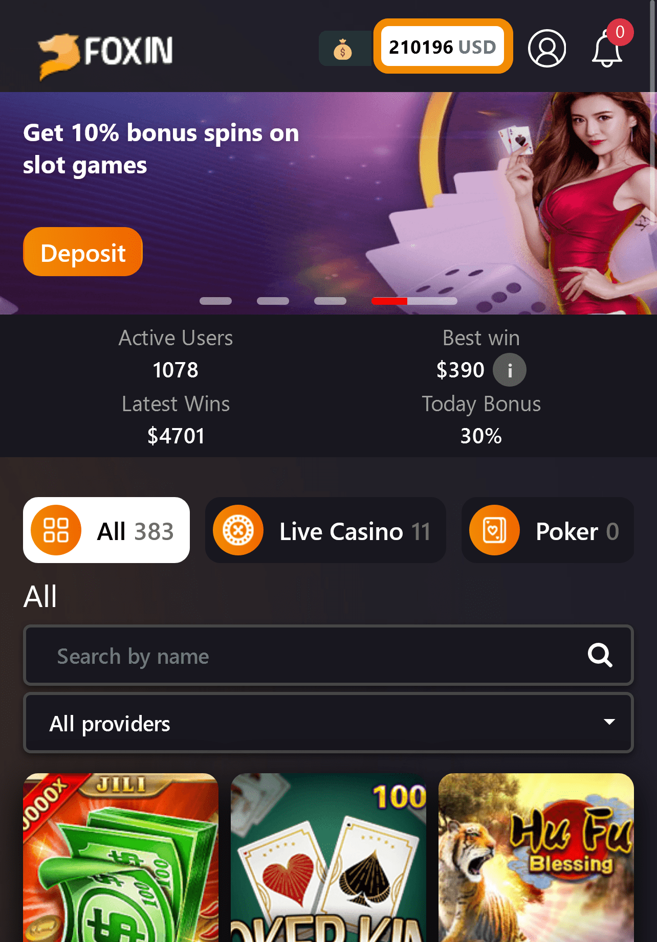 screenshots of foxin casino homepage