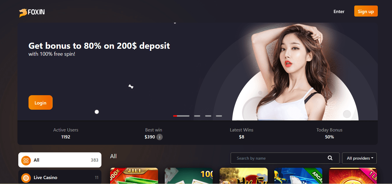 foxin casino's homepage screenshot